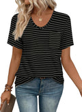 Women Summer T Shirts Short Sleeve Rounded V Neck Pocket Tee Tops