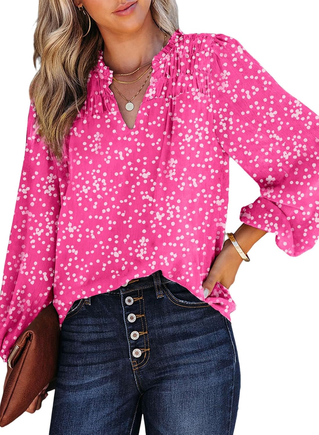 Women's Casual V Neck Alicia Floral Print Smocked Long Sleeve ChiffonTops Bohemian Top Clothes