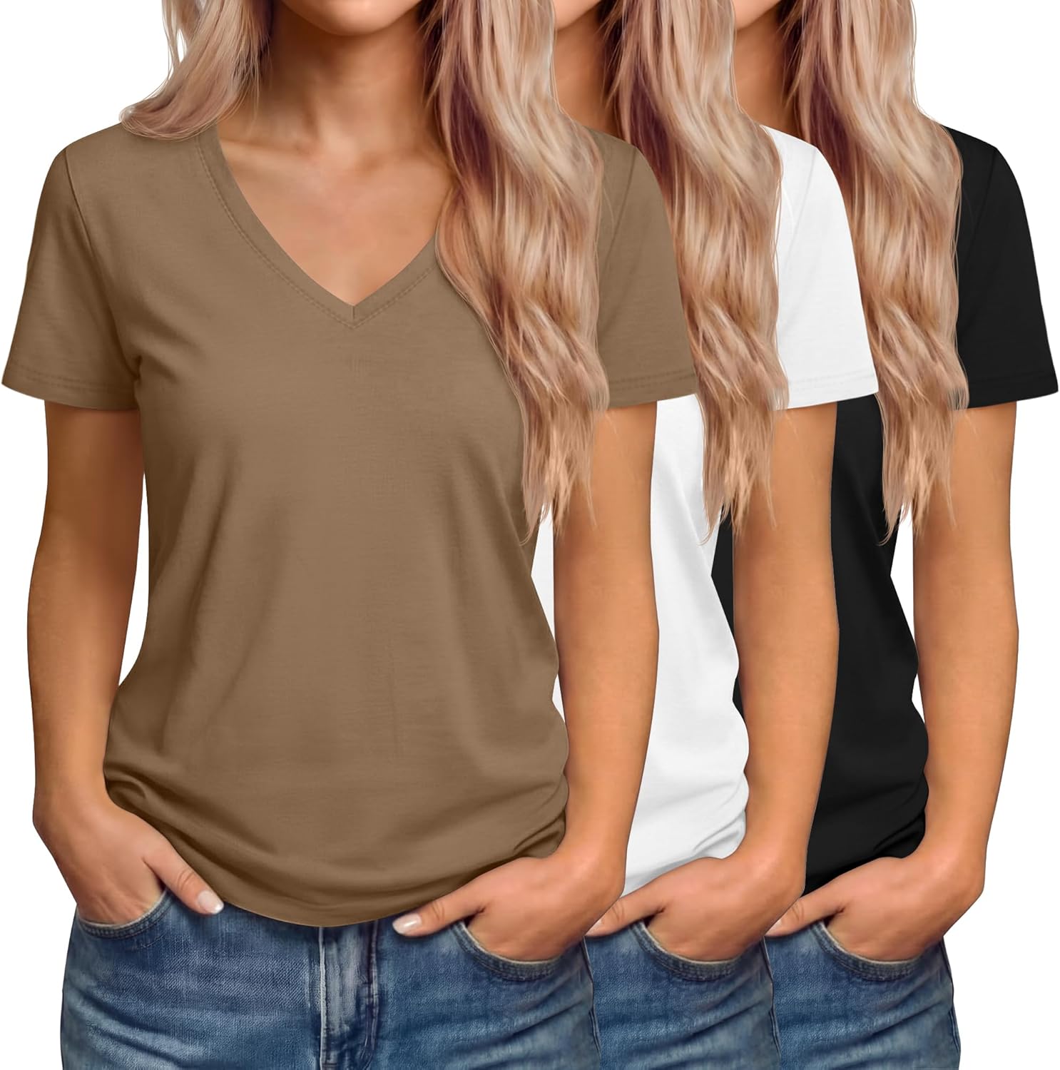 3 Pack Women's V Neck T-Shirts Short Sleeve Loose Fit Tops Casual Basic Trendy Straight Hem Plain Tees