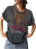 Women's Vintage Graphic Tees Mesh Short Sleeve Goth Y2k T Shirt Summer Tops Streetwear