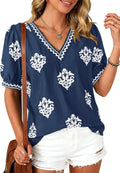 Casual Summer Shirts for Women Beach Fashion Going Out Tops Vacation Short Sleeve Floral Boho Blouses Tunics(Blue White Flower,Medium)