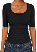Womens Half Sleeve Tops Scoop Neck Ribbed Knit Slim Fitted Basic Tee Shirts Summer 2026 Trendy Spring Casual Clothes