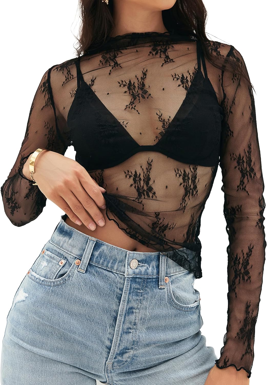 Womens 2026 Mesh Sheer Lace Long Sleeve Top Sexy Y2k Mock Neck See Through Shirt Blouses Fashion Outfit Clothes