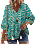 Womens Summer Boho Babydoll Tops 3/4 Sleeve Pleated Peplum Blouses Casual V Neck Tie Front 2026 Tunic Tops