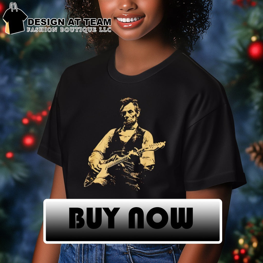 Abraham Lincoln playing electric guitar on a black cotton crew neck unisex shirt