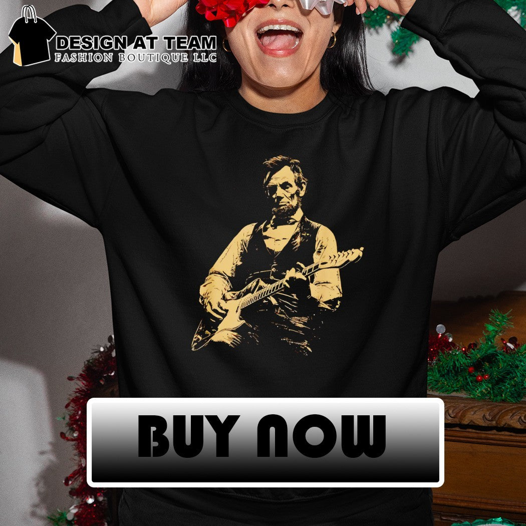 Abraham Lincoln playing electric guitar on a black cotton crew neck unisex shirt