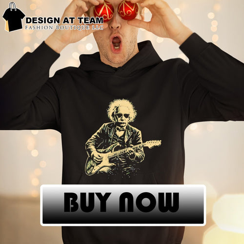 Albert Einstein playing electric guitar in a formal suit vintage shirt