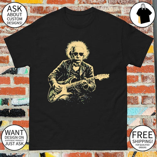 Albert Einstein playing electric guitar in a formal suit vintage shirt