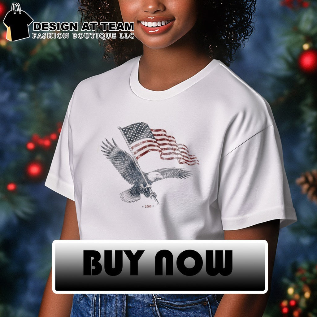 Bald Eagle clutching American flag with 250 printed on this commemorative shirt