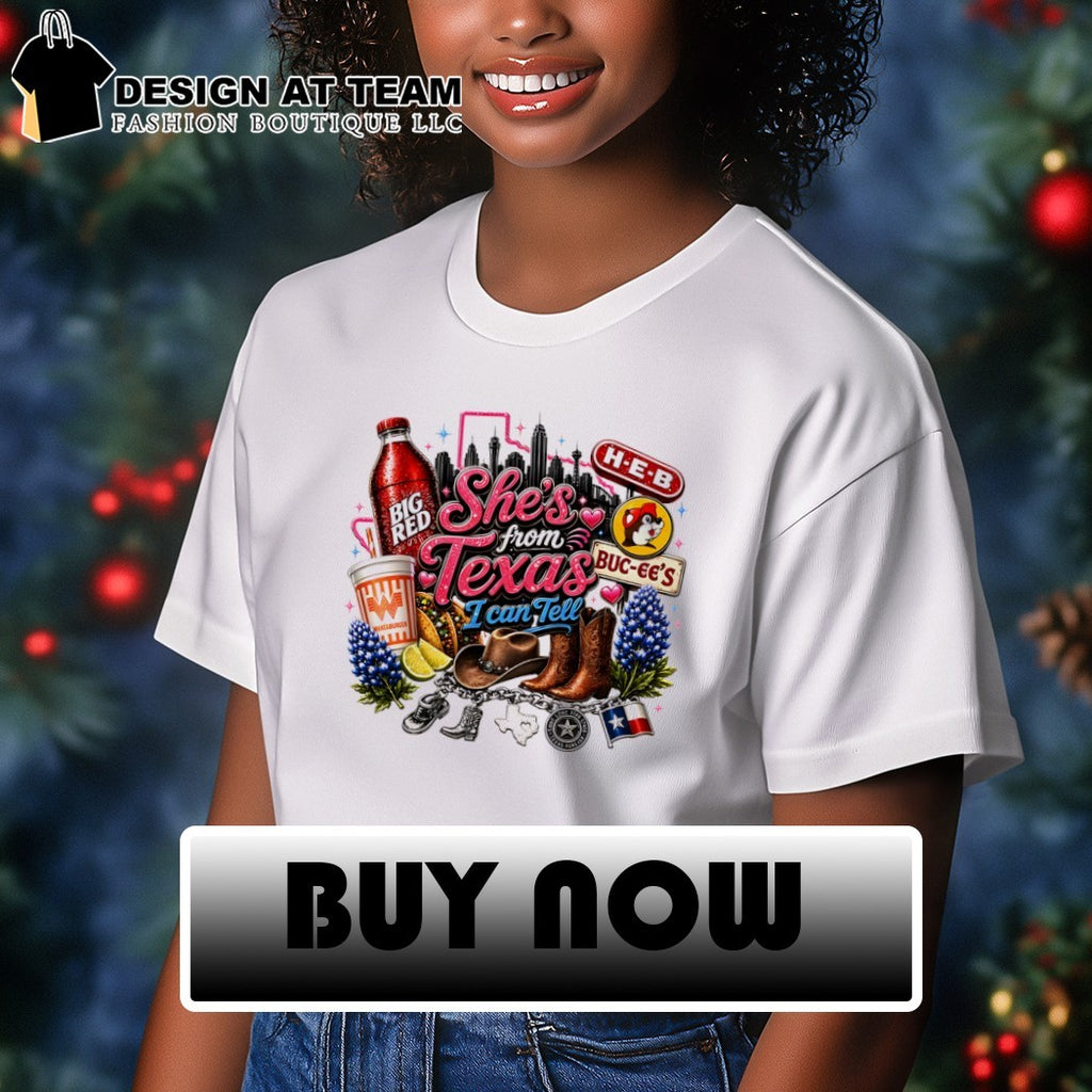 Big Red H-E-B Buc-ee’s Whataburger Texas cowboy she’s from Texas I can tell text shirt