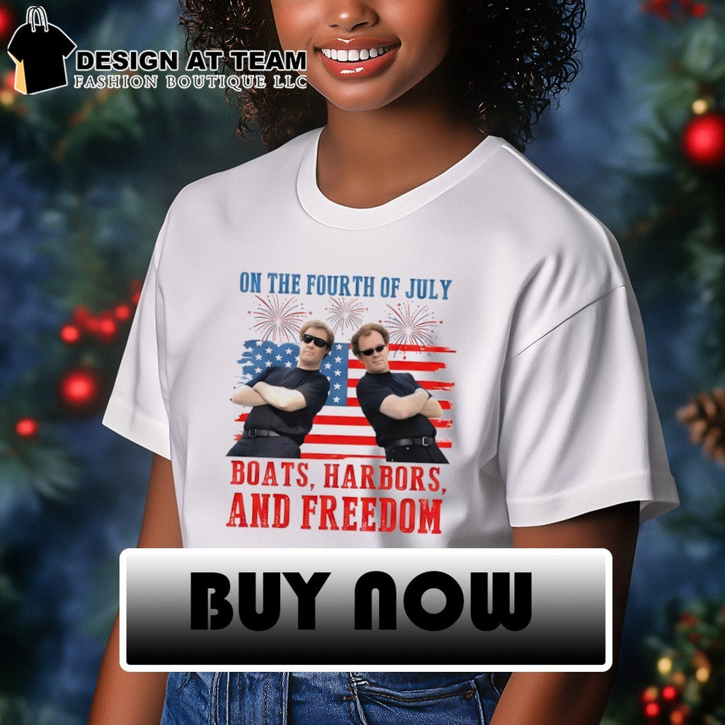 Brennan Huff and Dale Doback on the fourth of July Boats Harbors and Freedom shirt