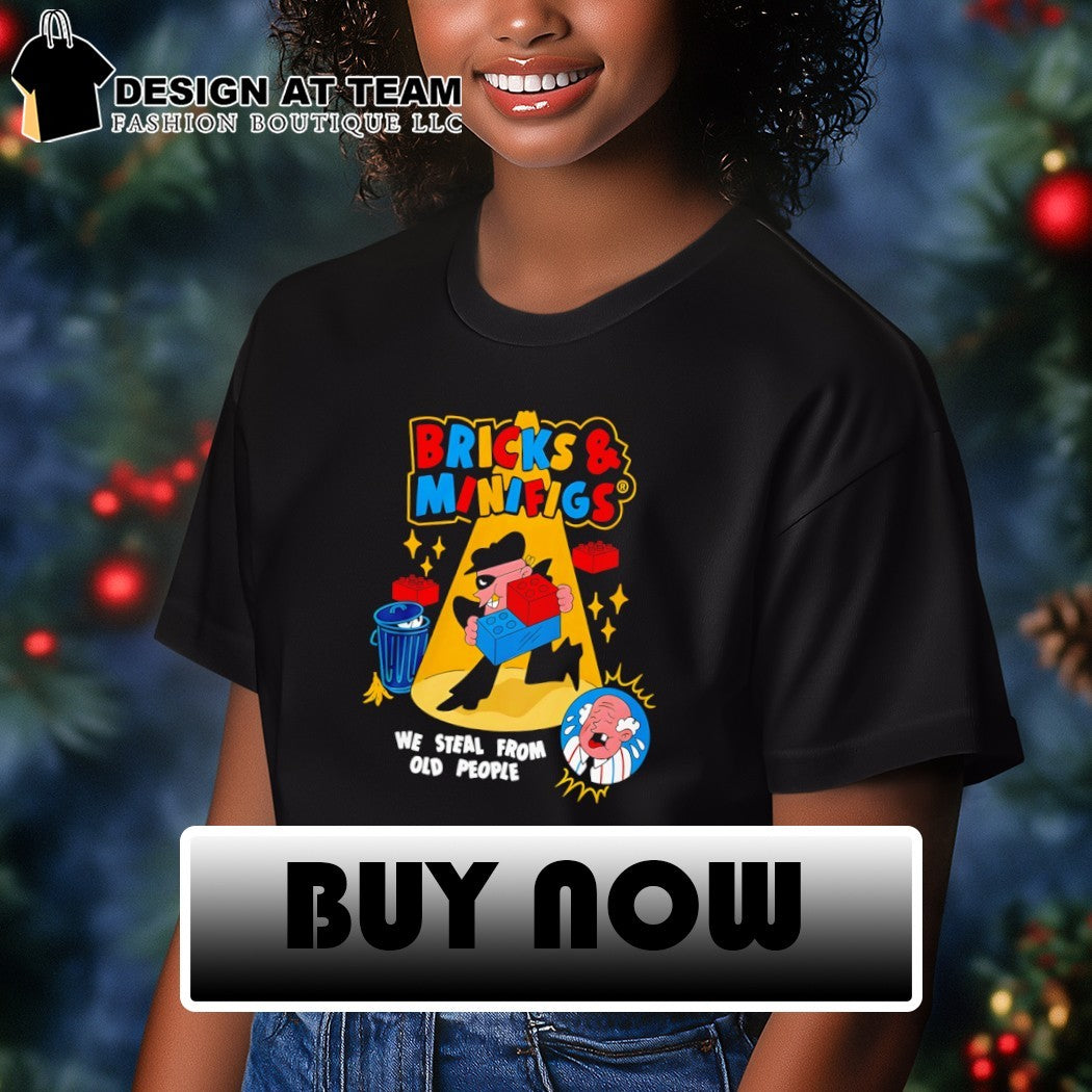 Bricks and Minifigs Robber character we steal from old people spotlight scene shirt