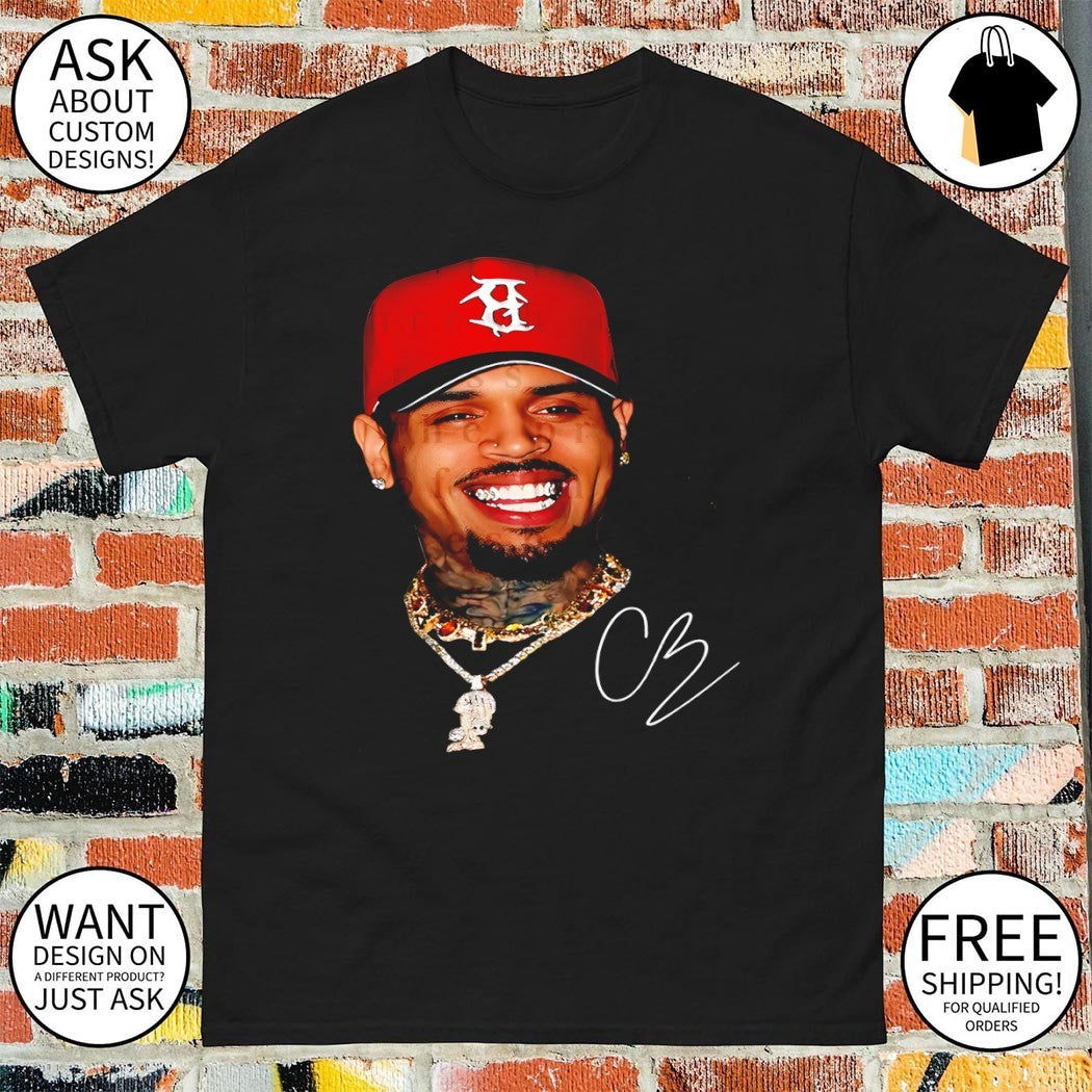 Chris Brown portrait necklace jewelry CB signature shirt