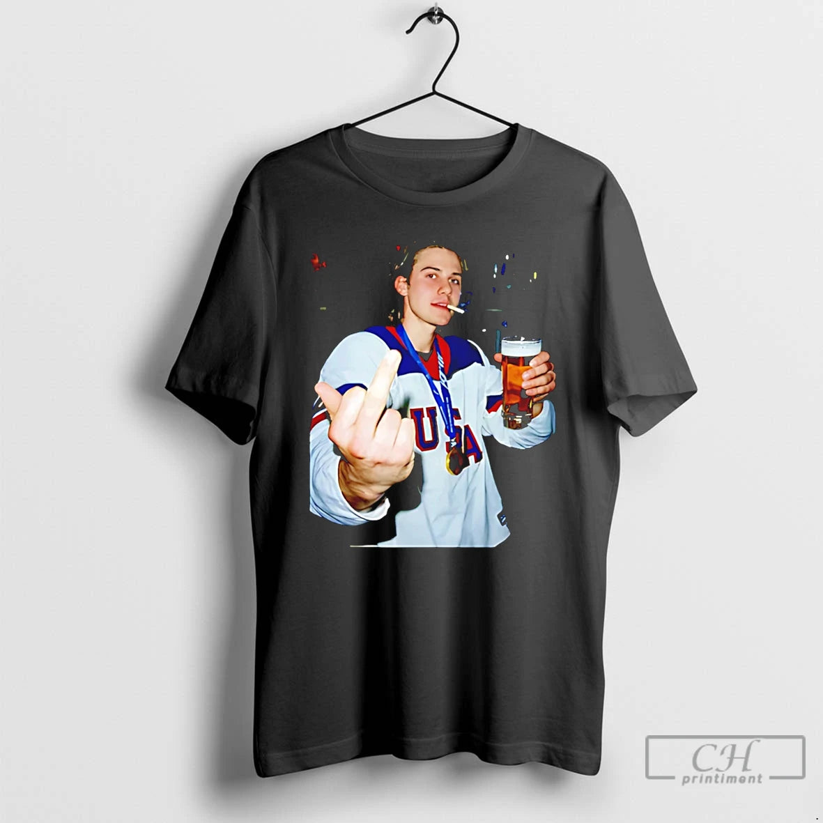 Classic Jack Hughes Middle Finger And Beer Usa Hockey Champion Gold 2026 T Shirts Sweater