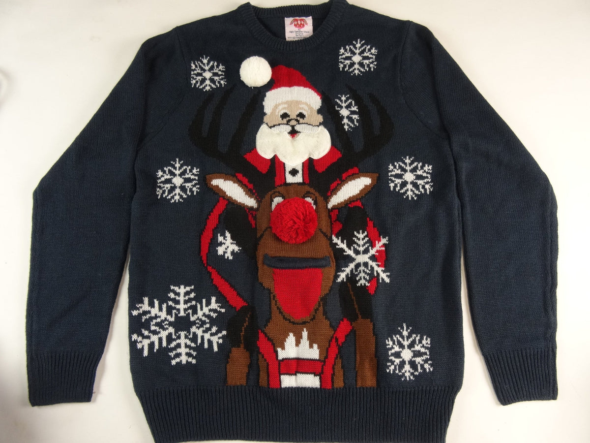Santa Riding Rudolph Beer Holder Christmas Sweater
