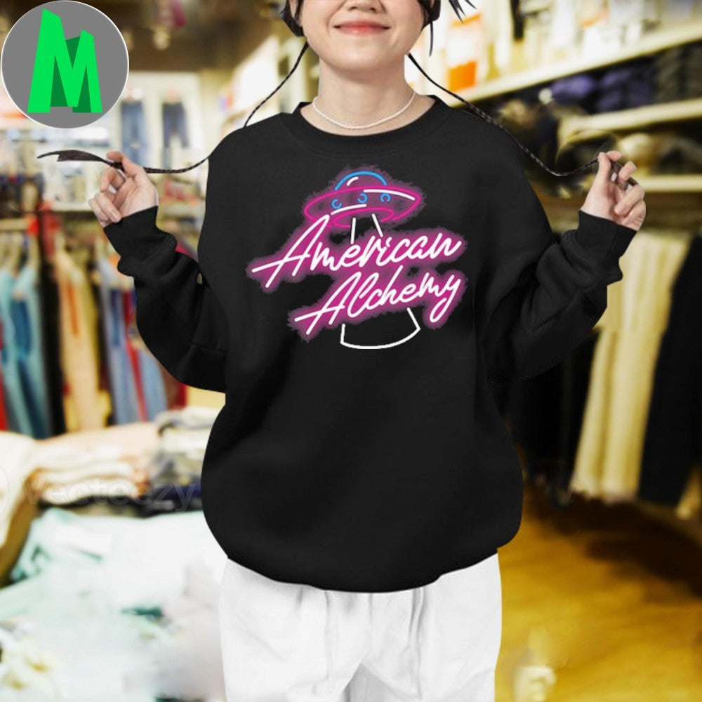 Design American Alchemy Logo UFO Alien Neon Sci-Fi Graphic Fan Shirt