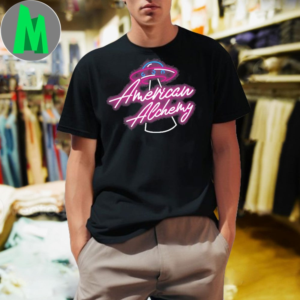 Design American Alchemy Logo UFO Alien Neon Sci-Fi Graphic Fan Shirt