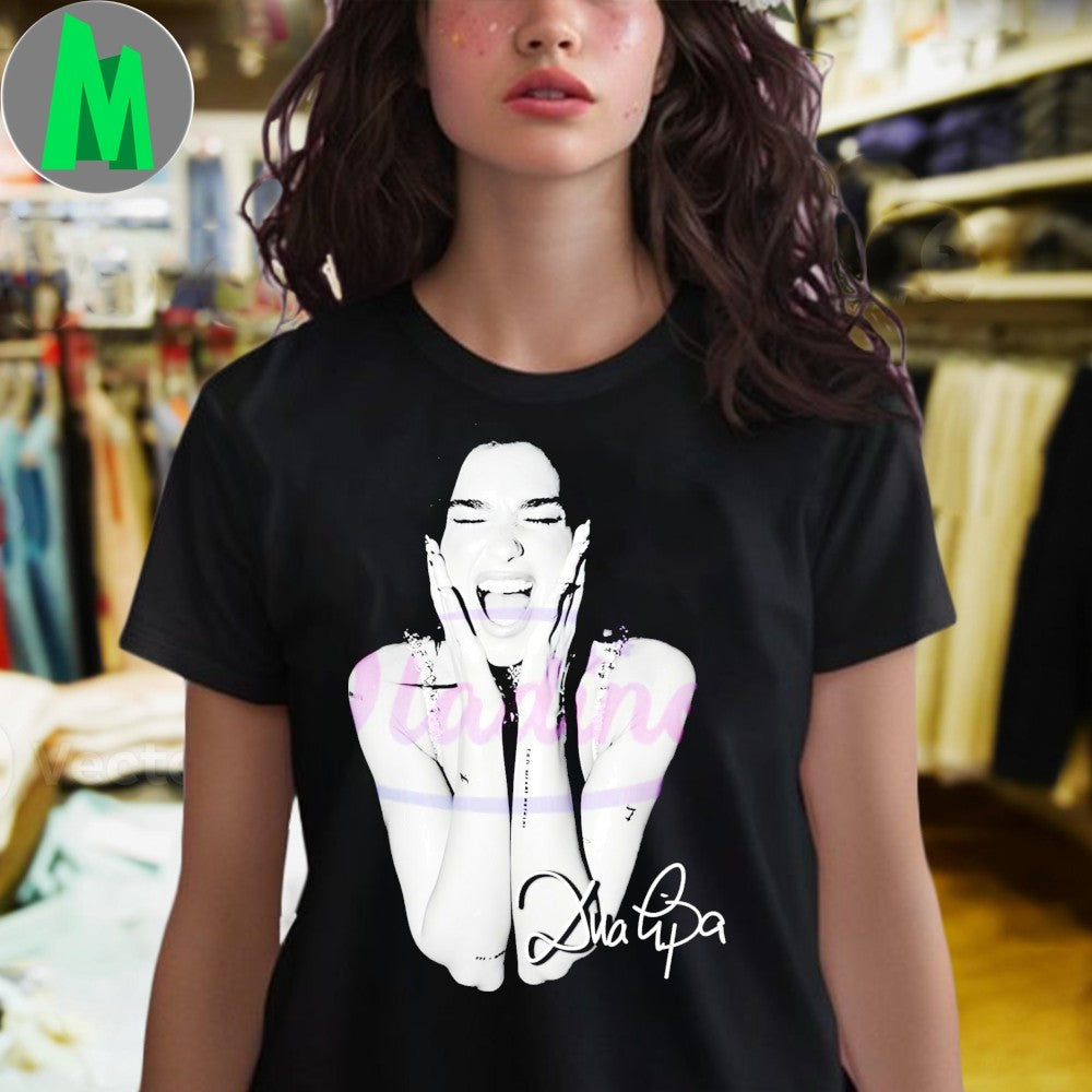 Design Dua Lipa Screaming Black And White Portrait Signature Style Shirt