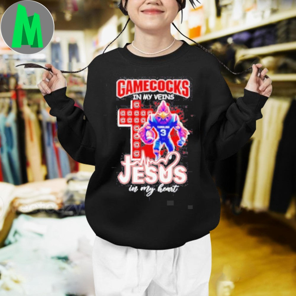 Design Number 3 Gamecocks In My Veins Jesus In My Heart Christian Mascot College Fan Apparel T-Shirt