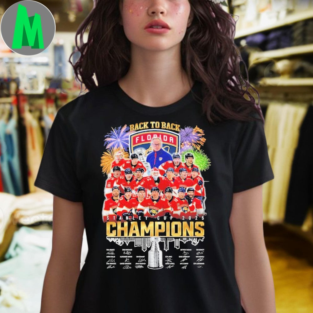 Design Red Florida Panthers Back To Back 2025 Stanley Cup Champions Graphic T-Shirt