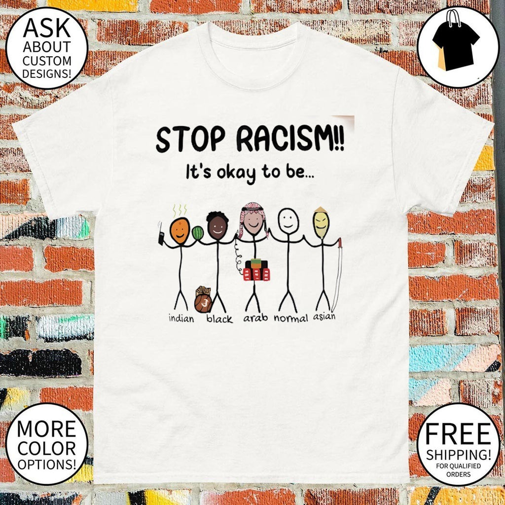 Diverse ethnicities holding hands in stop racism it’s okay to be shirt