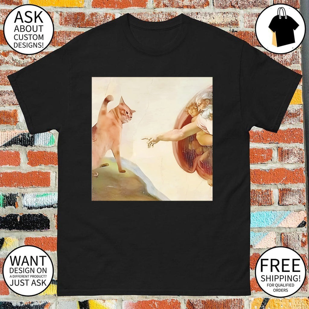 Floppa and God touching fingers in The Creation of Adam art shirt