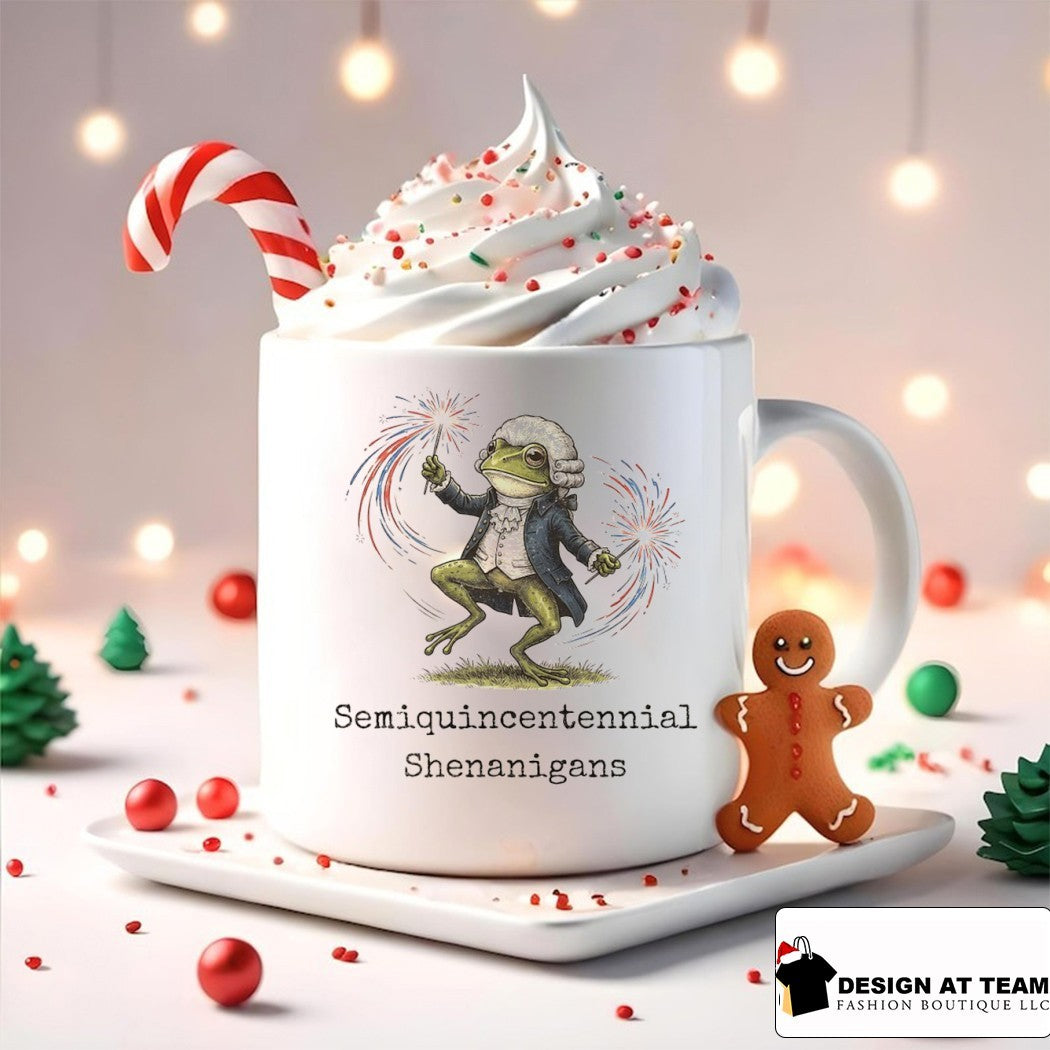 Frog in wig with sparklers Semiquincentennial Shenanigans t shirt