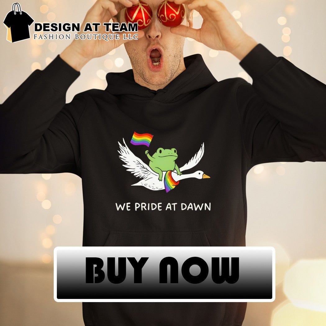 Frog riding goose with rainbow flags featuring we Pride at dawn LGBT shirt