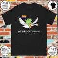 Frog riding goose with rainbow flags featuring we Pride at dawn LGBT shirt