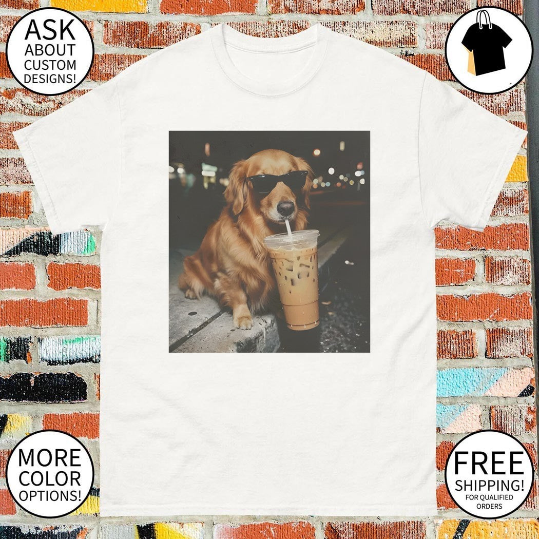 Funny Golden Retriever Drinking Iced Coffee shirt