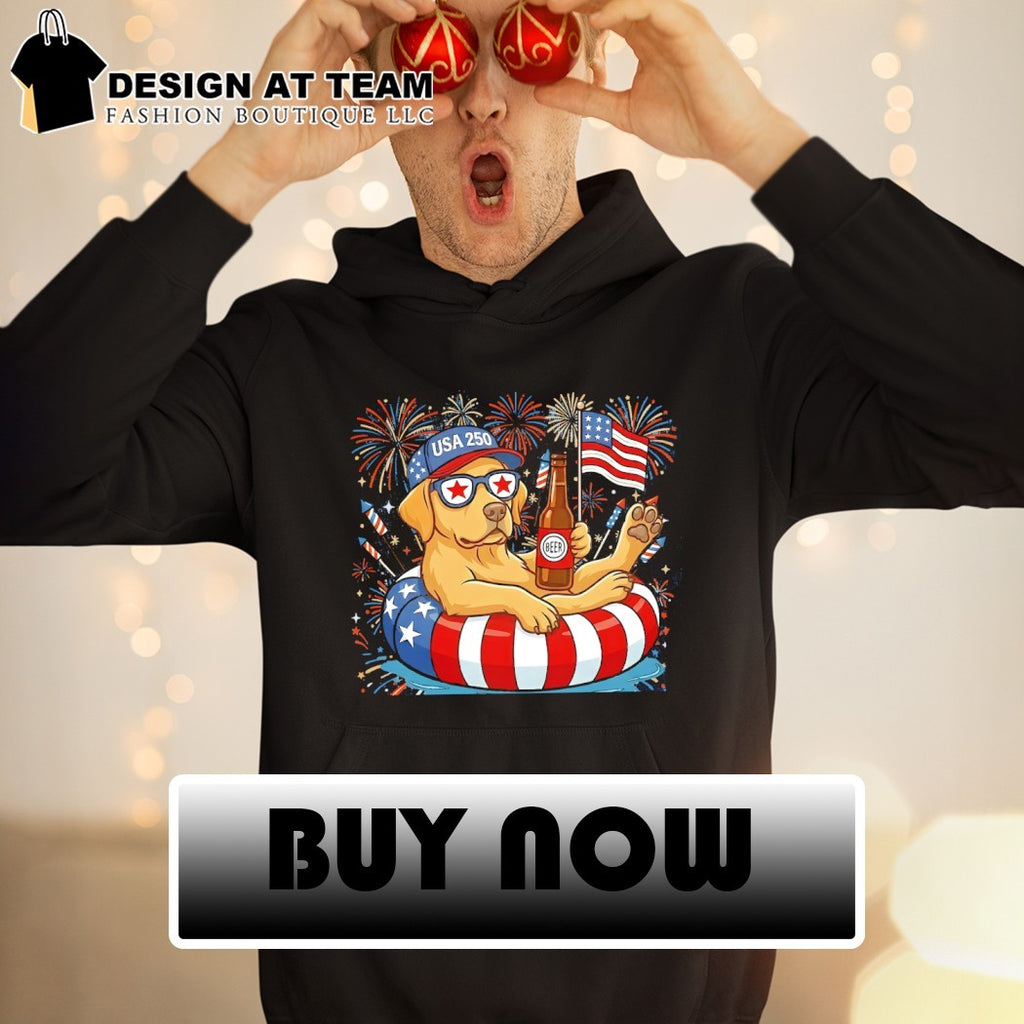 Golden Retriever dog holding beer USA 250 firework American flag 4th of July vintage shirt