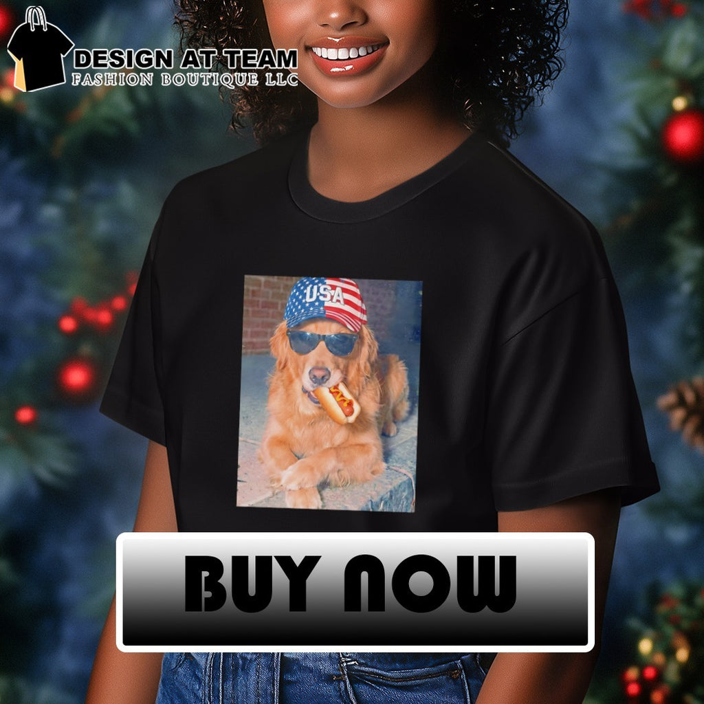 Golden Retriever eating Hot Dog 4th of July American flag shirt