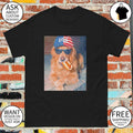 Golden Retriever eating Hot Dog 4th of July American flag shirt