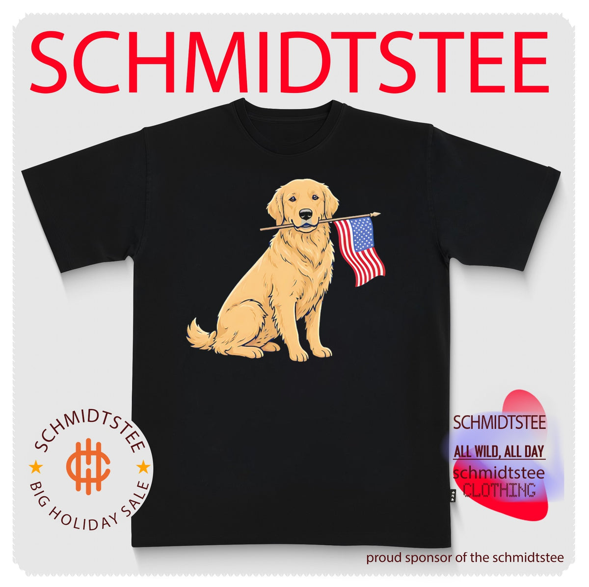 Golden Retriver with America flag shirt
