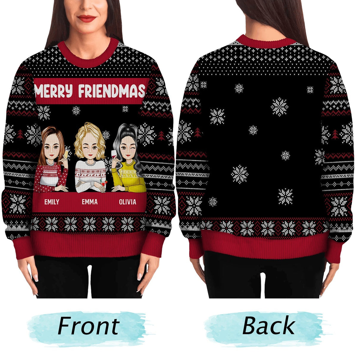 Christmas Cartoon Drinking Bestie Merry Friendmas - Gift For Bestie - Personalized Unisex Ugly Sweater