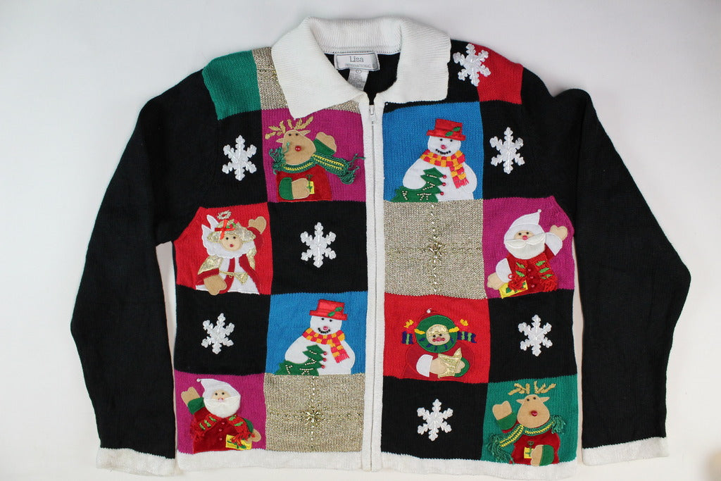Patchwork design with Santas, reindeer, Large Size. Christmas Sweater