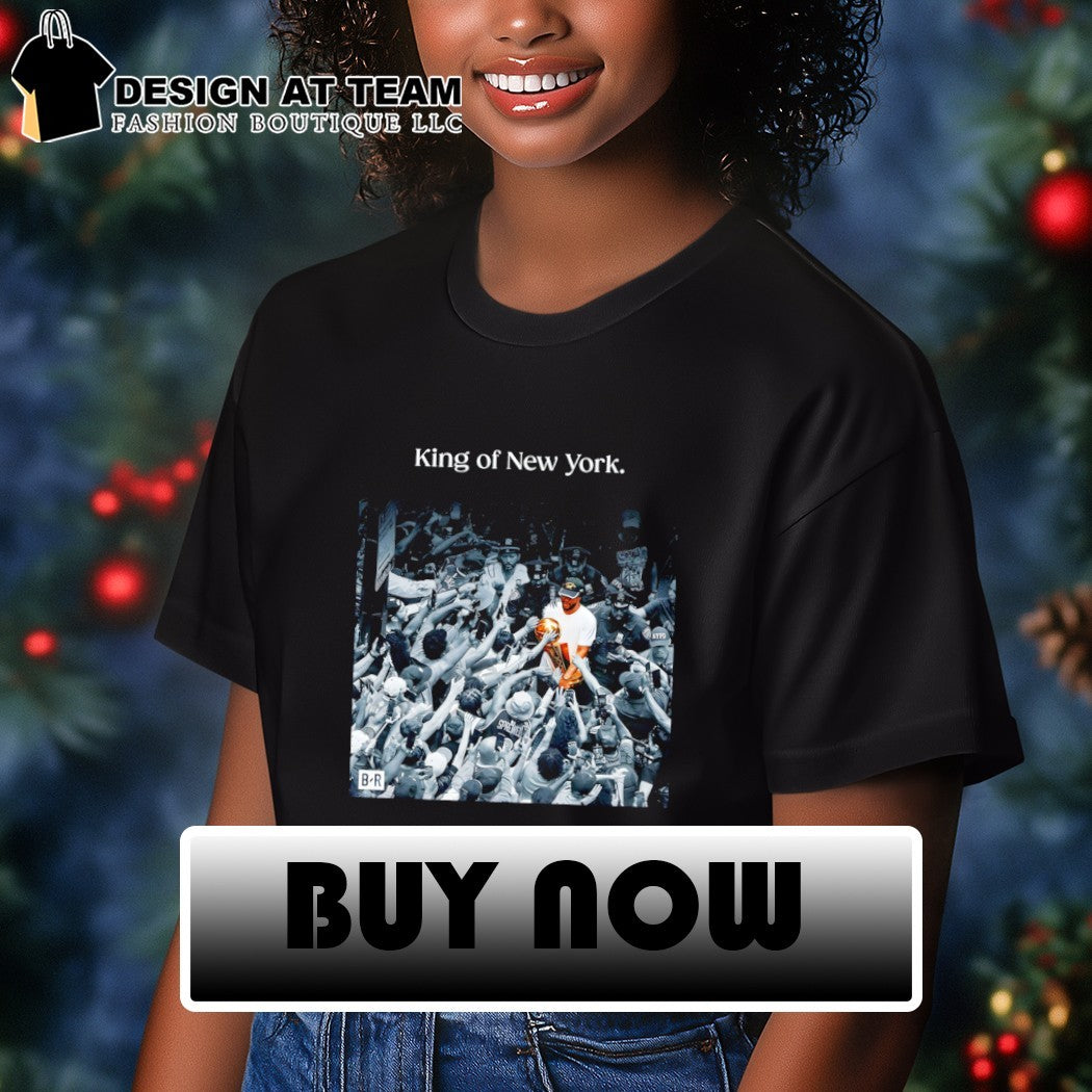 Jalen Brunson NBA trophy holding fan crowd celebration King of New York shirt