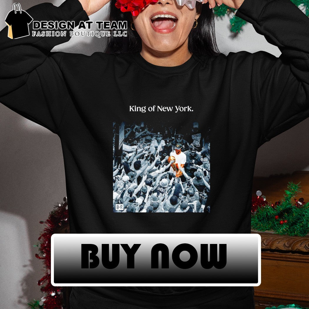 Jalen Brunson NBA trophy holding fan crowd celebration King of New York shirt