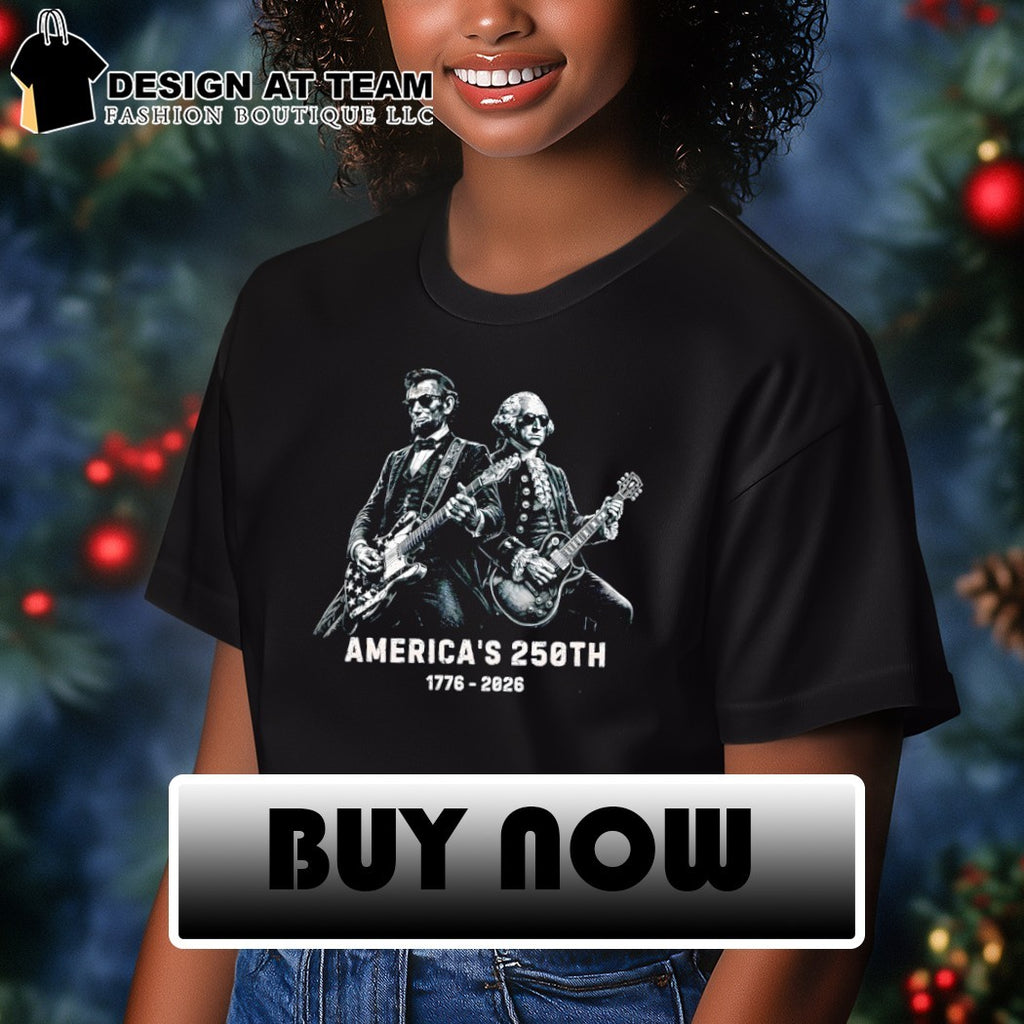 Lincoln and Washington playing guitars on America’s 250th 1776-2026 shirt