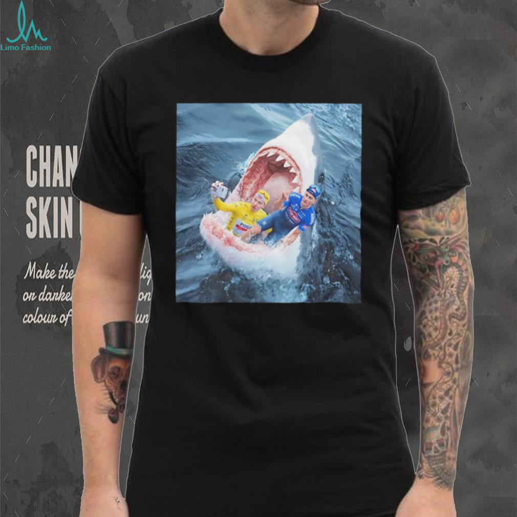 Mathieu van der Poel & Tadej Pogačar taking selfie inside shark’s mouth funny shirt