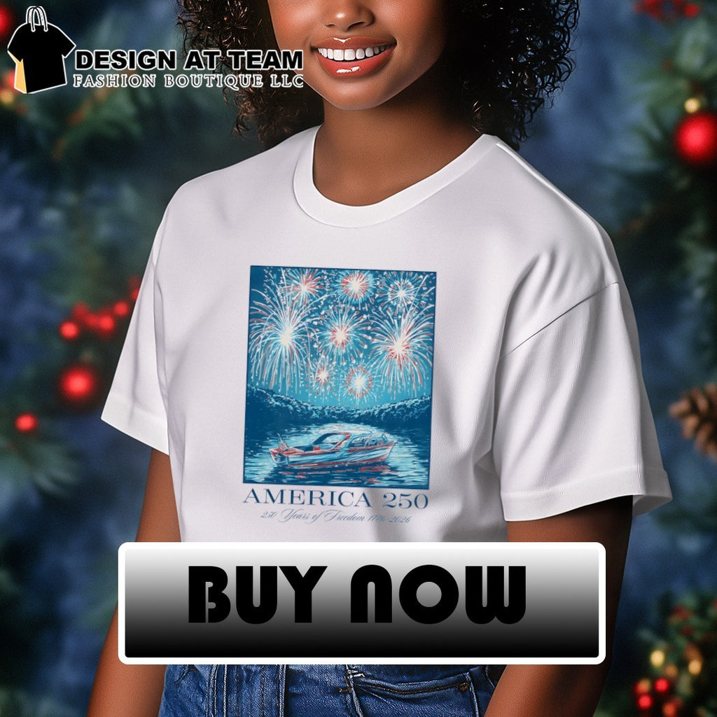 Motorboat on lake with Firework America 250 250 Years of Freedom 1776 2026 shirt