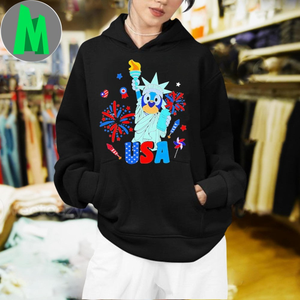 Bluey Statue of Liberty USA 4th of July T-Shirt Kids Patriotic Cartoon Graphic Tee