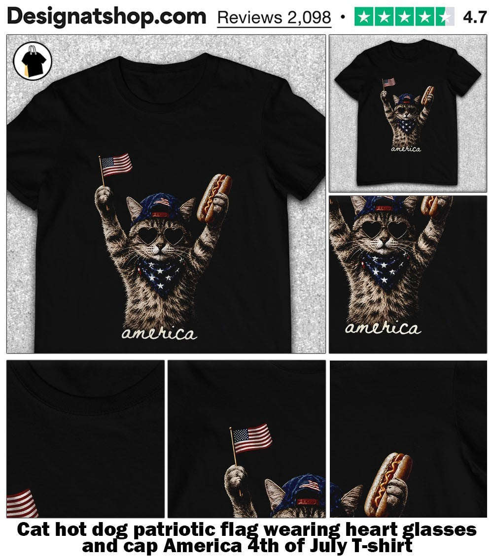 Cat hot dog patriotic flag wearing heart glasses and cap America 4th of July shirt