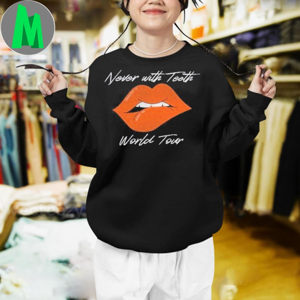 Never With Teeth World Tour Lips Fang Graphic Fan T-Shirt