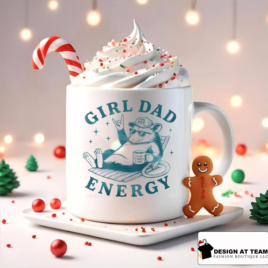 Opossum relaxing in lounge chair wearing cap and sunglasses girl dad energy shirt