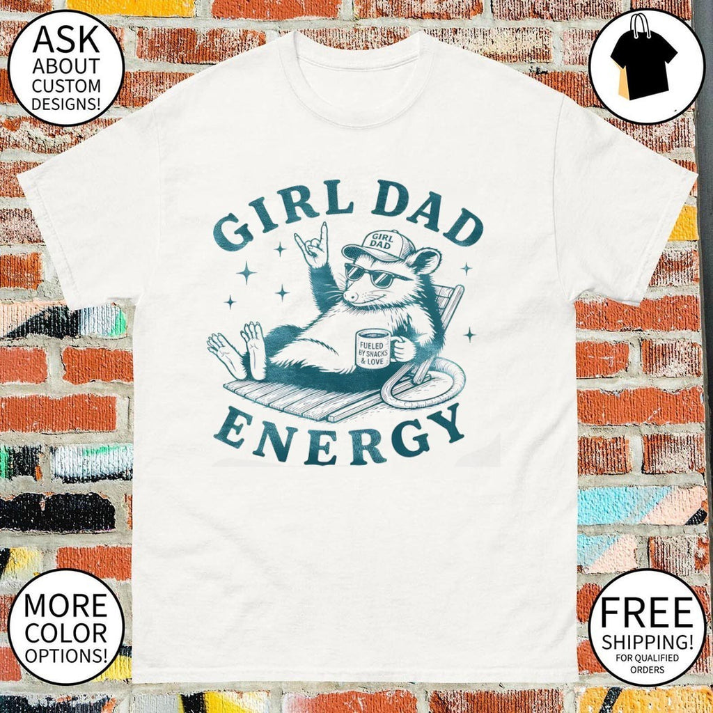 Opossum relaxing in lounge chair wearing cap and sunglasses girl dad energy shirt