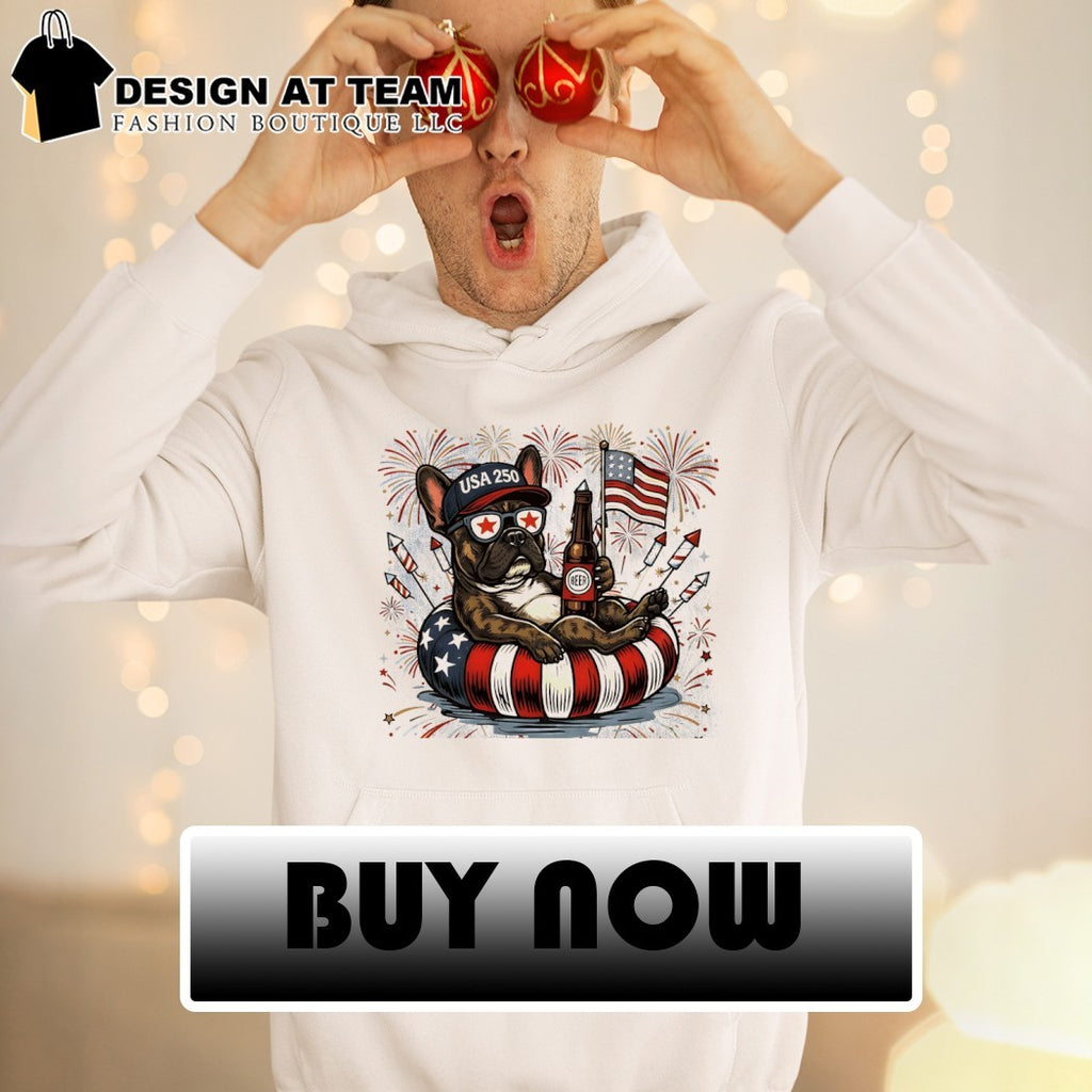 Pug dog holding beer USA 250 firework American flag 4th of July shirt