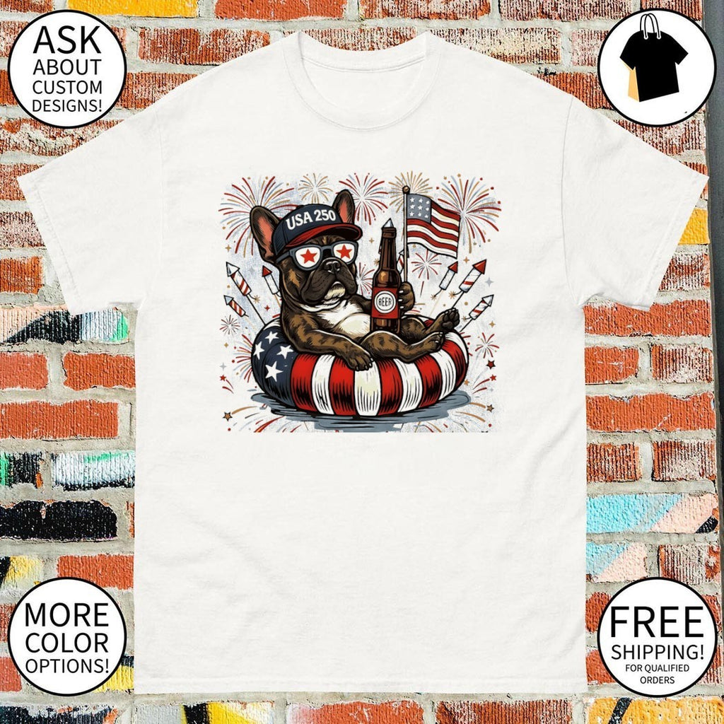 Pug dog holding beer USA 250 firework American flag 4th of July shirt