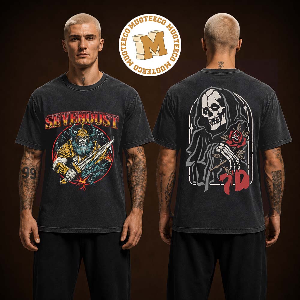 Sevendust Viking Grim Reaper Vintage Wash Exclusive Two Sided Unisex Black T Shirt