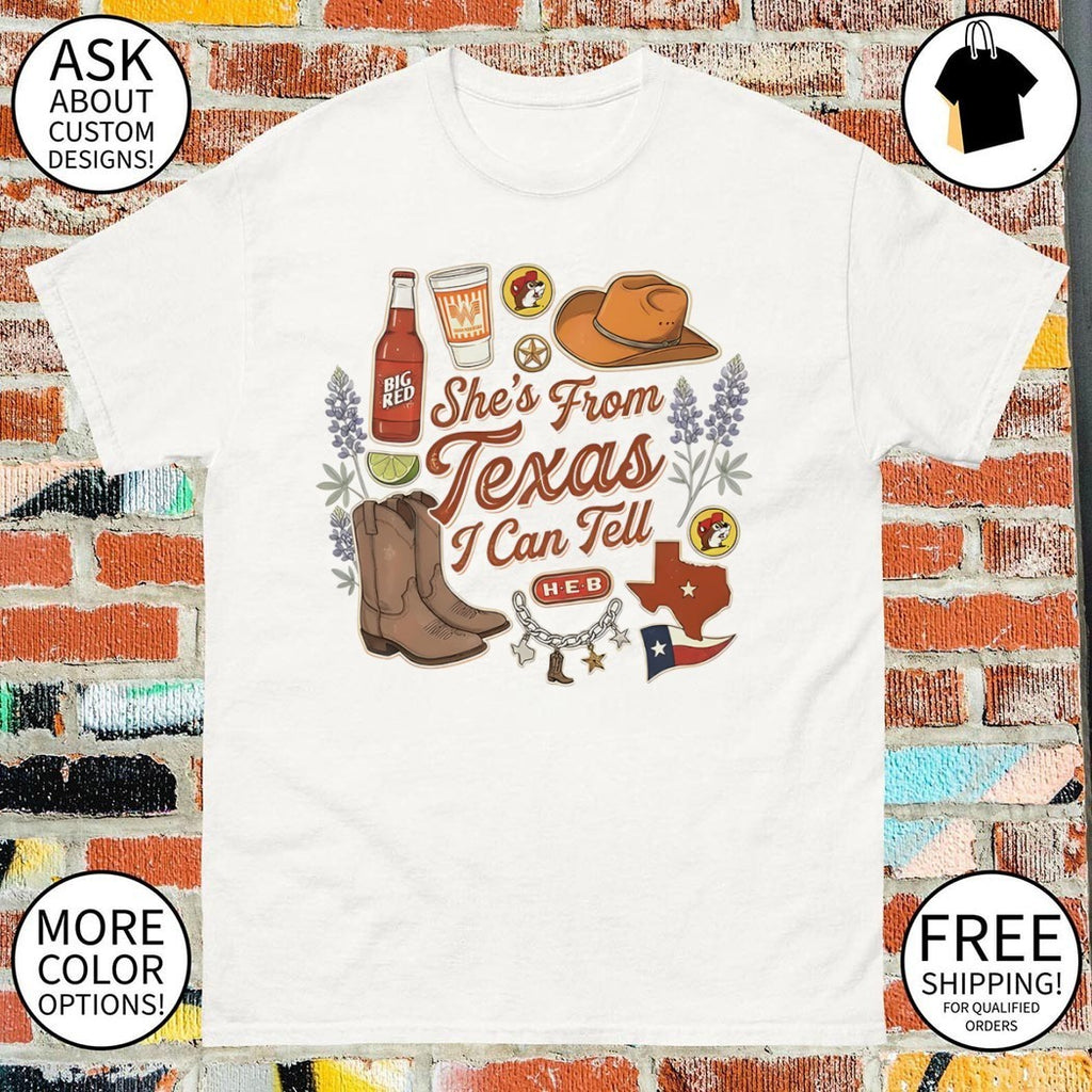 Texas boots bluebonnets hat food icons she’s from Texas I can tell text shirt